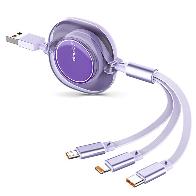 6A USB Fast Charging Cable 3-in-1 Micro USB Type-C 8-Pin Transparent Charging Cable Suitable For Huawei Samsung Xiaomi iPhone