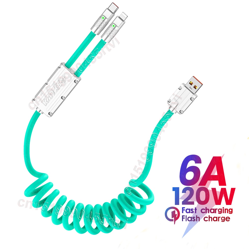 120W Spring TypeC 8 pin Fast Charging Scalable Charging Cable Suitable for Huawei Samsung Xiaomi iPhone Wires 2 in 1 USB Cable