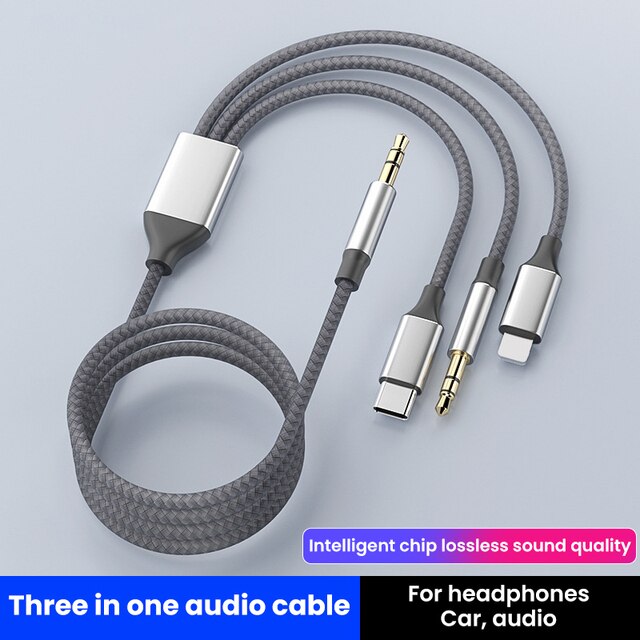 3 In 1 Type-C/3.5mm Jack Aux Cable For iPhone iPad Car Speaker Headphone Audio Cable Adapter for Huawei Samsung Xiaomi 1.2M