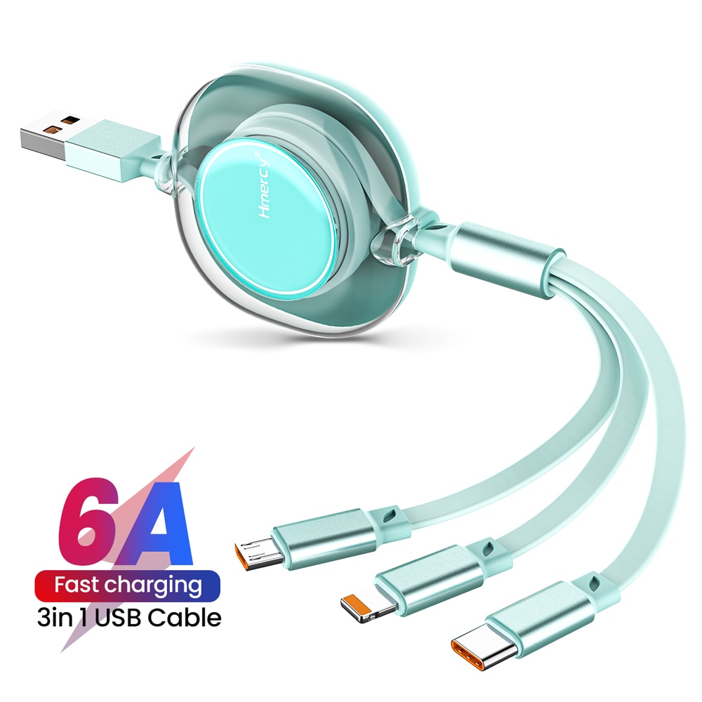 6A USB Fast Charging Cable 3-in-1 Micro USB Type-C 8-Pin Transparent Charging Cable Suitable For Huawei Samsung Xiaomi iPhone