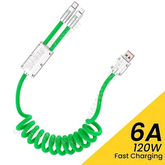 120W Spring TypeC 8 pin Fast Charging Scalable Charging Cable Suitable for Huawei Samsung Xiaomi iPhone Wires 2 in 1 USB Cable